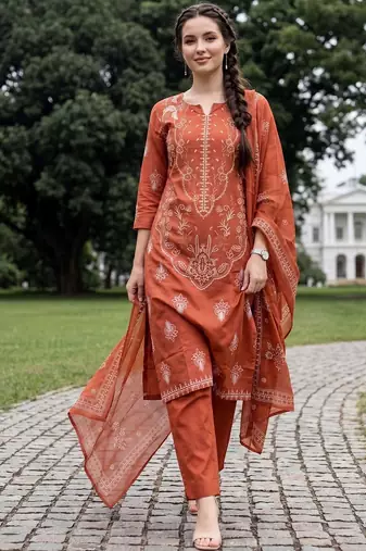 Women Ethnic Motifs Printed Regular Pure Cotton Kurta with Trousers & With Dupatta