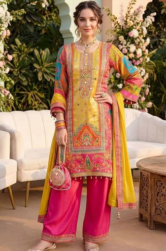 Women Ethnic Motifs Printed Regular Mirror Work Kurta with Palazzos & With Dupatta