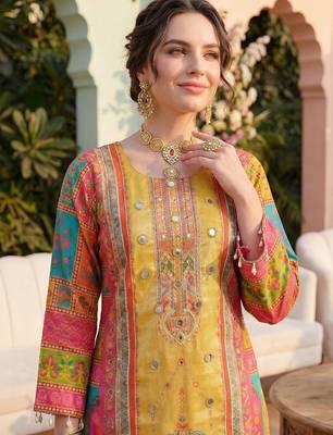 Women Ethnic Motifs Printed Regular Mirror Work Kurta with Palazzos & With Dupatta 3