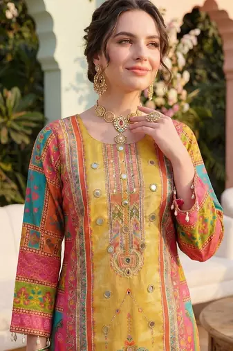 Women Ethnic Motifs Printed Regular Mirror Work Kurta with Palazzos & With Dupatta