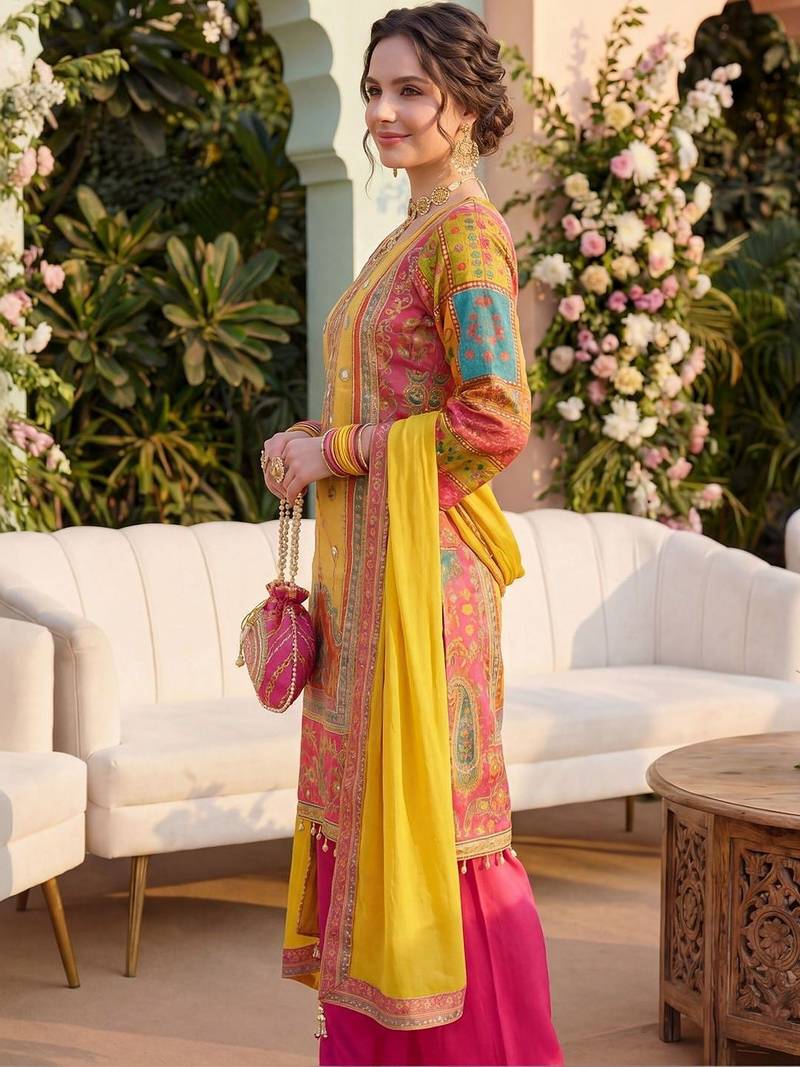 Women Ethnic Motifs Printed Regular Mirror Work Kurta with Palazzos & With Dupatta
