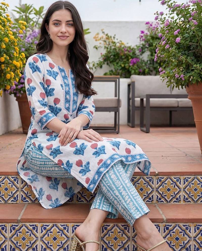 Women Floral Printed Regular Pure Cotton Kurta with Trousers & With Dupatta
