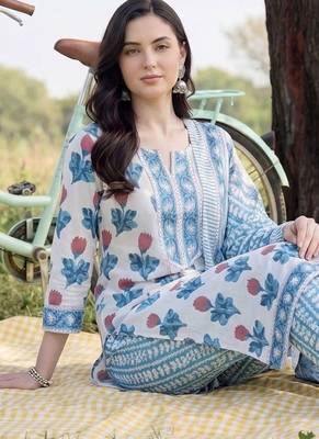 Women Floral Printed Regular Pure Cotton Kurta with Trousers & With Dupatta 1