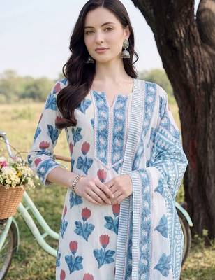 Women Floral Printed Regular Pure Cotton Kurta with Trousers & With Dupatta 2