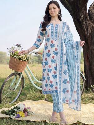 Women Floral Printed Regular Pure Cotton Kurta with Trousers & With Dupatta 3