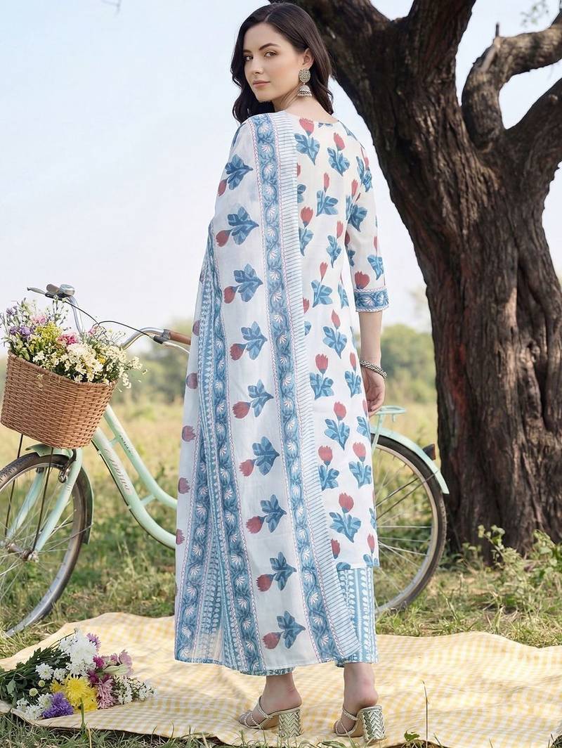 Women Floral Printed Regular Pure Cotton Kurta with Trousers & With Dupatta