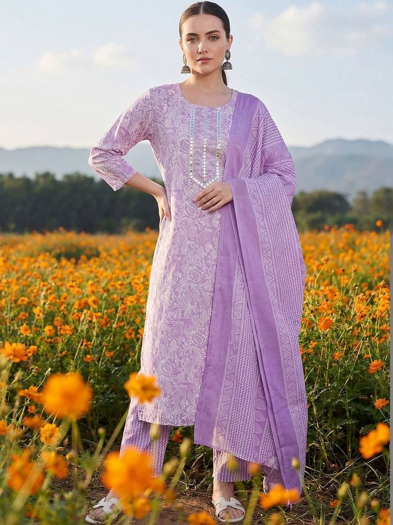 Women Floral Printed Regular Mirror Work Kurta with Trousers & With Dupatta