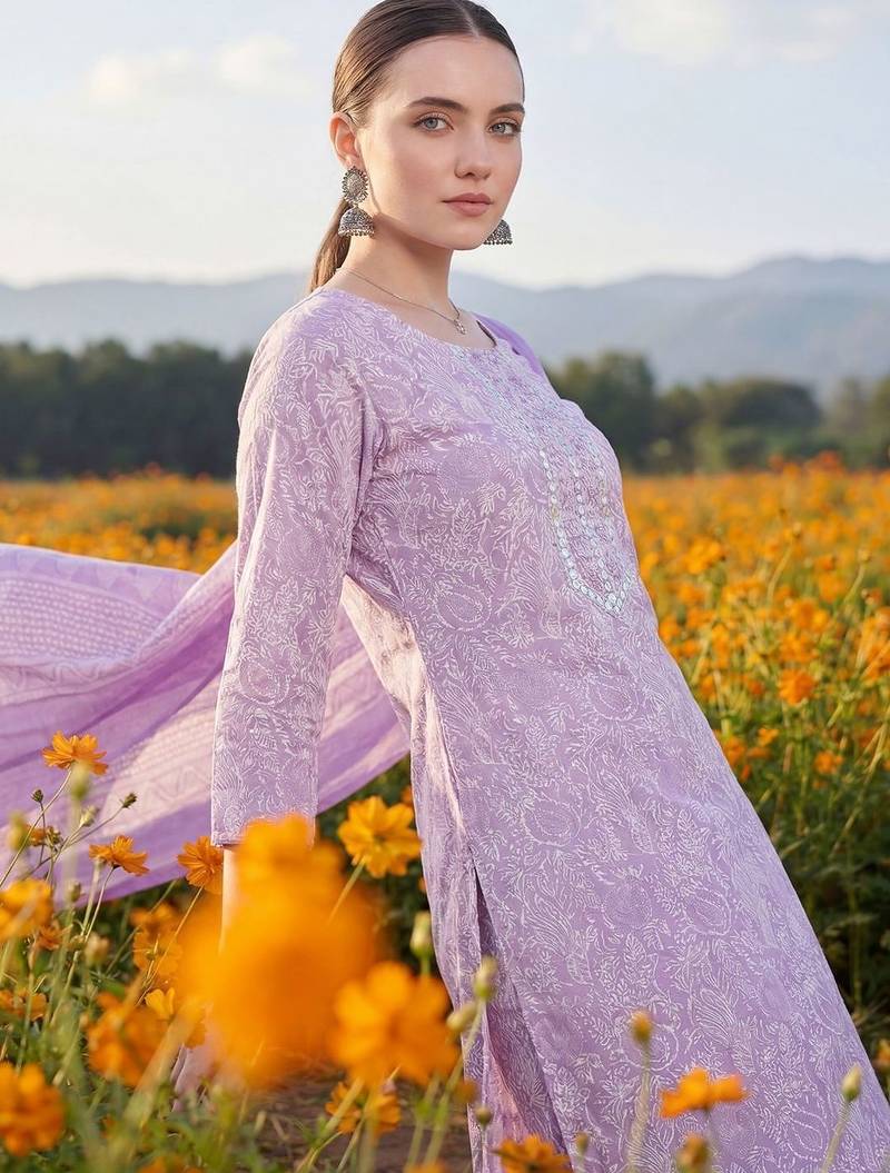 Women Floral Printed Regular Mirror Work Kurta with Trousers & With Dupatta