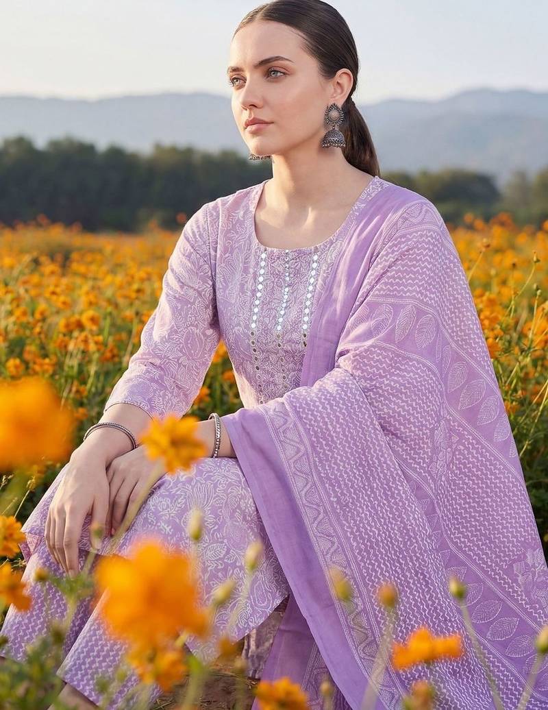 Women Floral Printed Regular Mirror Work Kurta with Trousers & With Dupatta