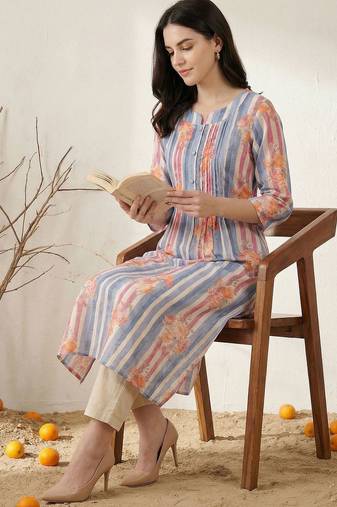 Women Printed Regular Beads and Stones  Cotton Kurta with Trousers