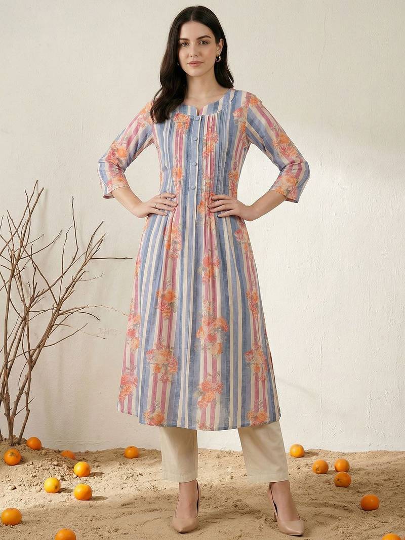 Women Printed Regular Beads and Stones Pure Cotton Kurta with Trousers