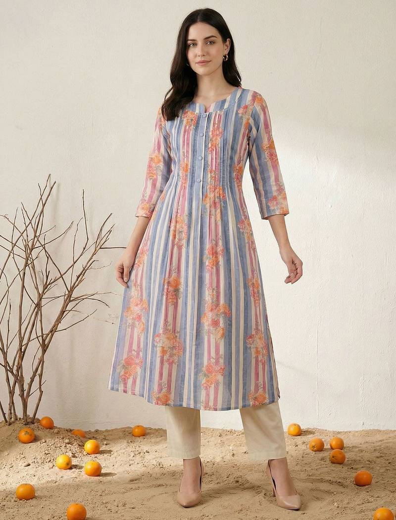 Women Printed Regular Beads and Stones Pure Cotton Kurta with Trousers