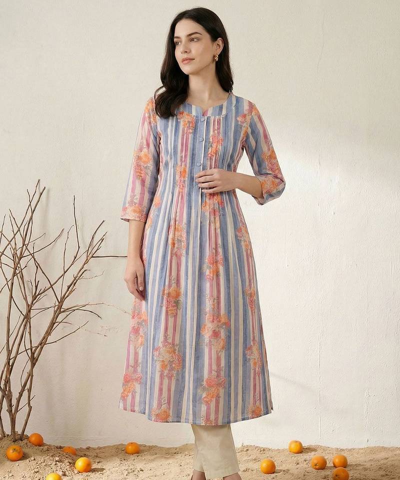 Women Printed Regular Beads and Stones Pure Cotton Kurta with Trousers