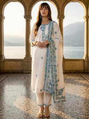 Women Floral Embroidered Regular Thread Work Pure Cotton Kurta with Trousers & With Dupatta 1