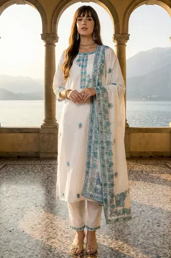 Women Floral Embroidered Regular Thread Work Pure Cotton Kurta with Trousers & With Dupatta