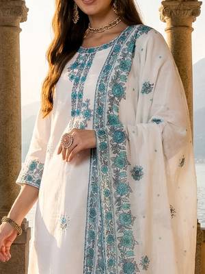 Women Floral Embroidered Regular Thread Work Pure Cotton Kurta with Trousers & With Dupatta 2