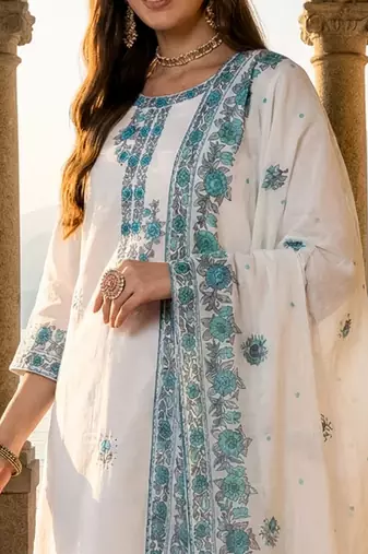 Women Floral Embroidered Regular Thread Work Pure Cotton Kurta with Trousers & With Dupatta