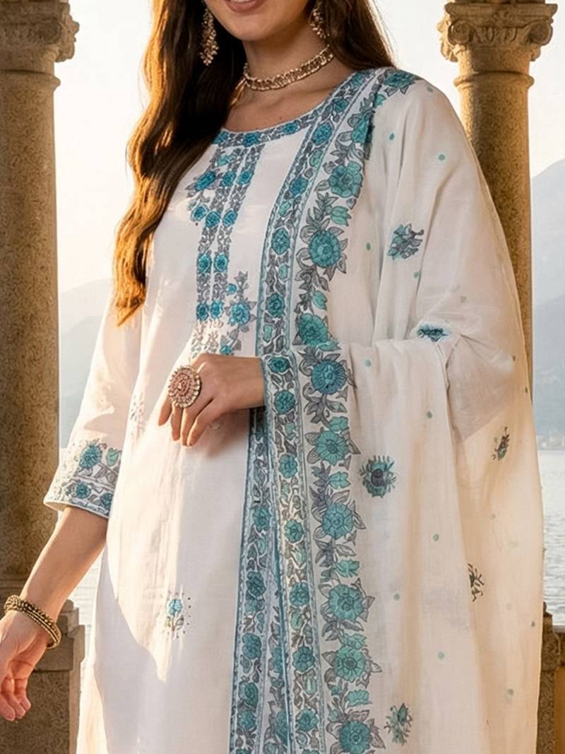 Women Floral Embroidered Regular Thread Work Pure Cotton Kurta with Trousers & With Dupatta