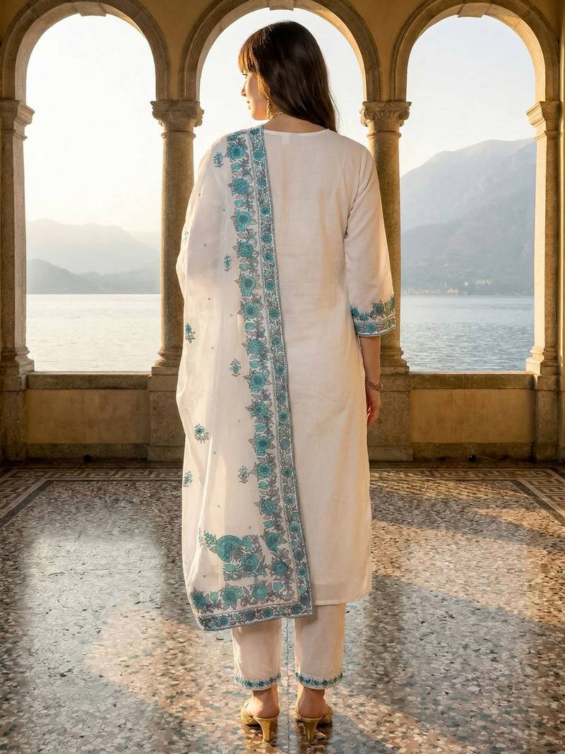 Women Floral Embroidered Regular Thread Work Pure Cotton Kurta with Trousers & With Dupatta