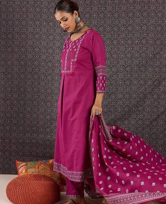 Women Ethnic Motifs Printed Regular Sequinned  Cotton Kurta with Trousers & With Dupatta 1