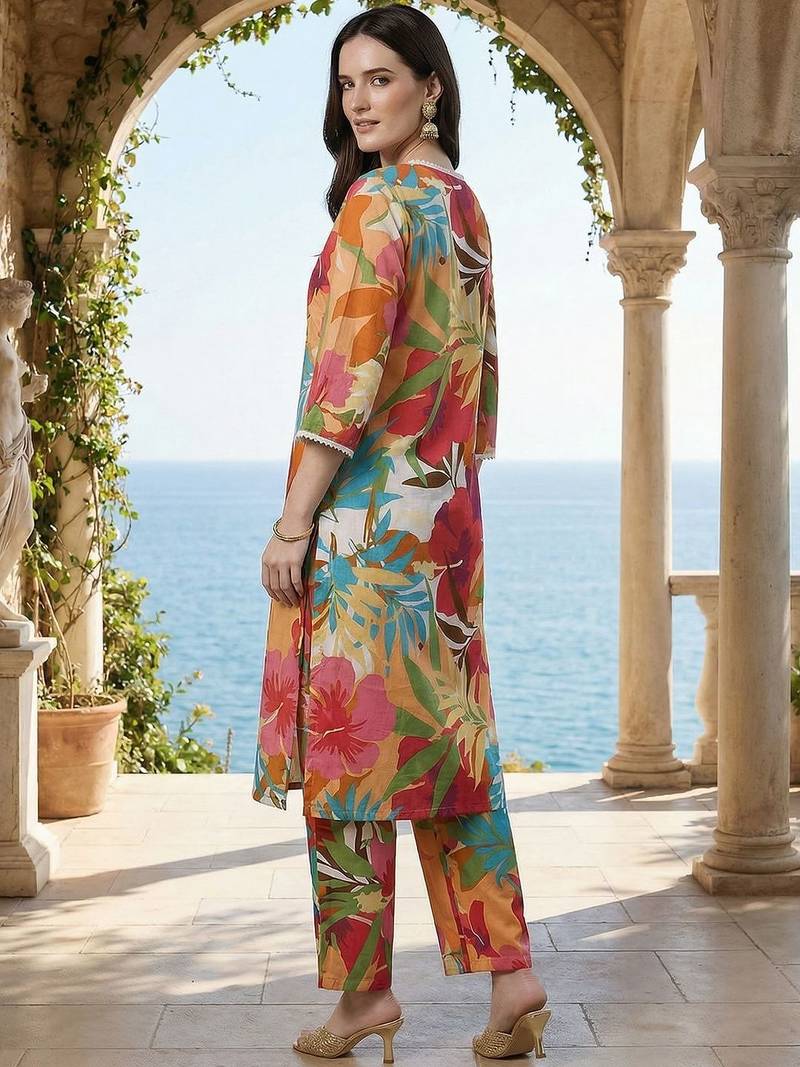 Women Floral Printed Regular Pure Cotton Kurta with Trousers