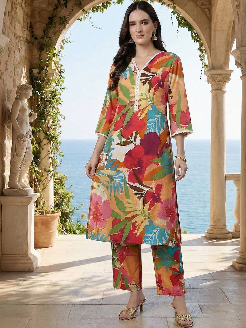 Women Floral Printed Regular Pure Cotton Kurta with Trousers
