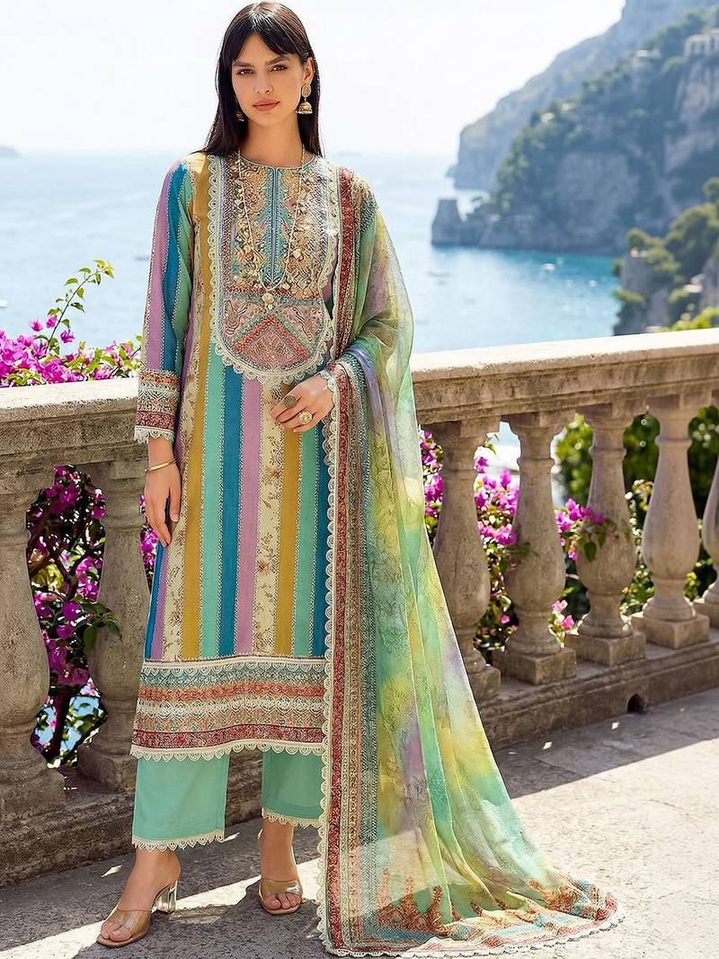 Women Printed Regular Thread Work Kurta with Trousers & With Dupatta