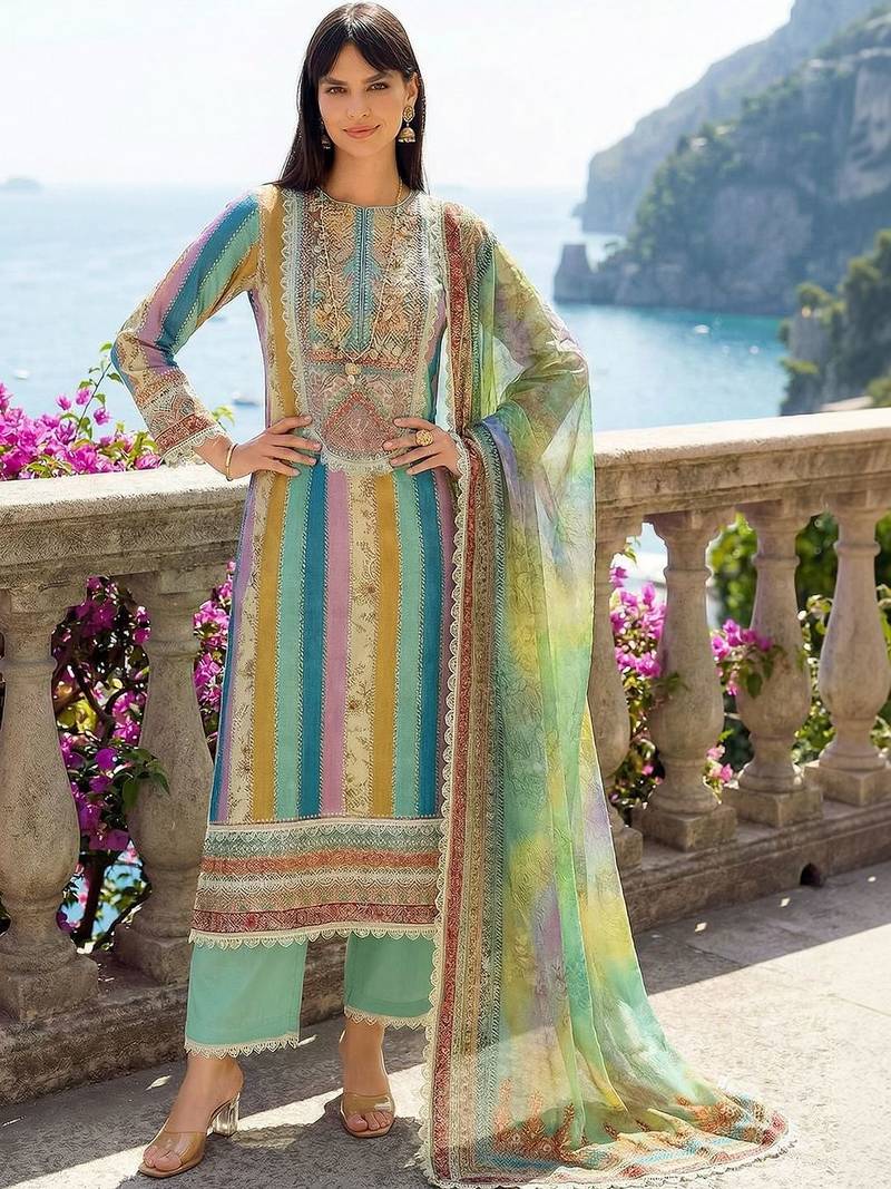 Women Printed Regular Thread Work Kurta with Trousers & With Dupatta