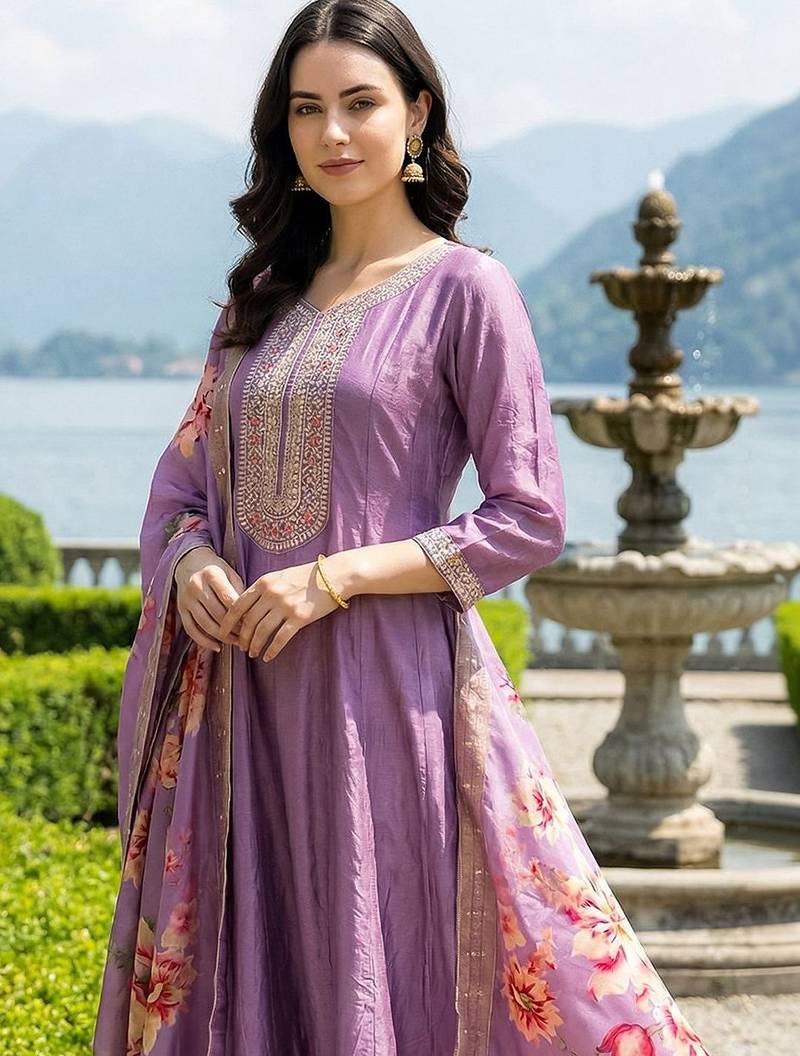 Women Floral Embroidered Empire Thread Work Kurta with Trousers & With Dupatta