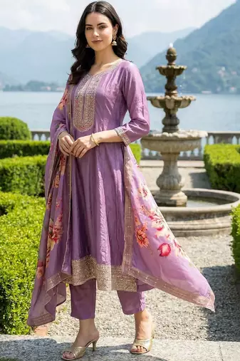 Women Floral Embroidered Empire Thread Work Kurta with Trousers & With Dupatta