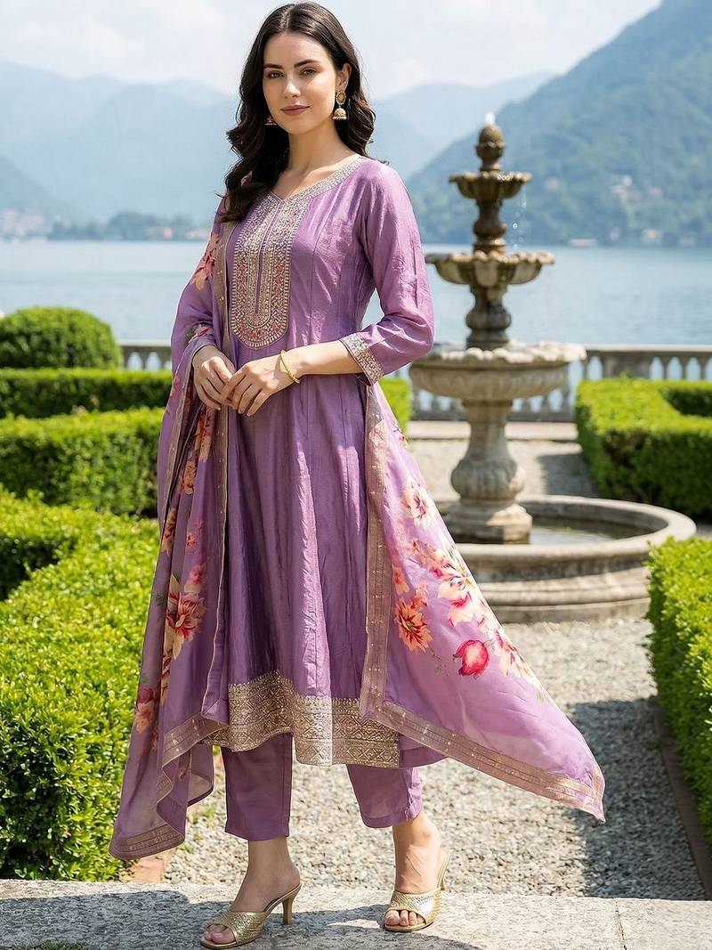 Women Floral Embroidered Empire Thread Work Kurta with Trousers & With Dupatta