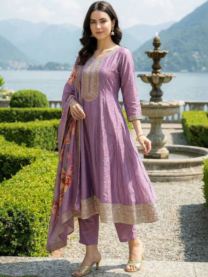 Women Floral Embroidered Empire Thread Work Kurta with Trousers & With Dupatta