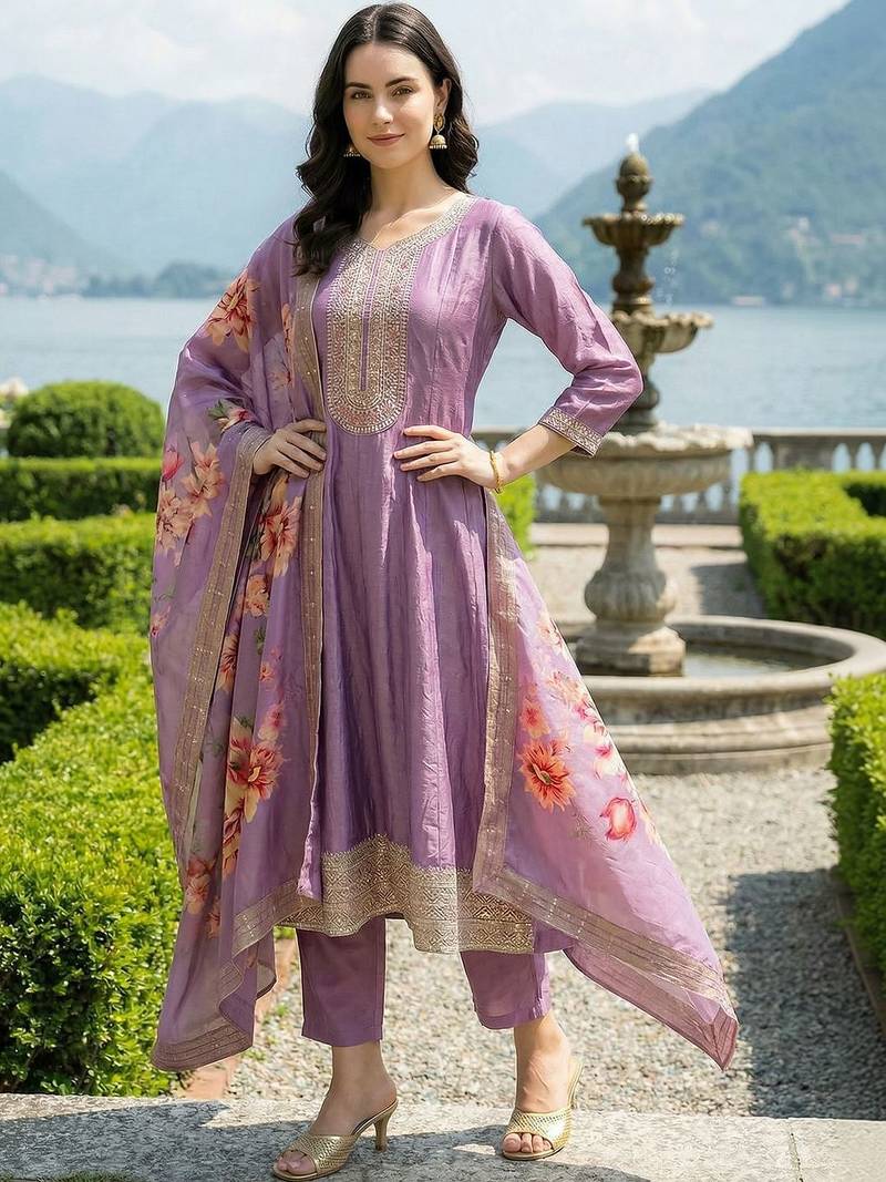 Women Floral Embroidered Empire Thread Work Kurta with Trousers & With Dupatta