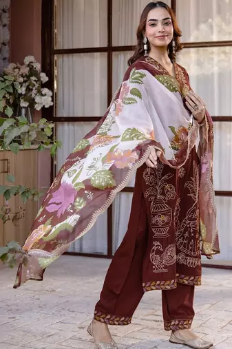 Women Ethnic Motifs Embroidered Regular Thread Work Kurta with Trousers & With Dupatta