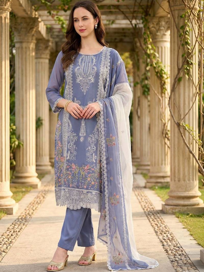 Women Ethnic Motifs Embroidered Regular Thread Work Kurta with Trousers & With Dupatta