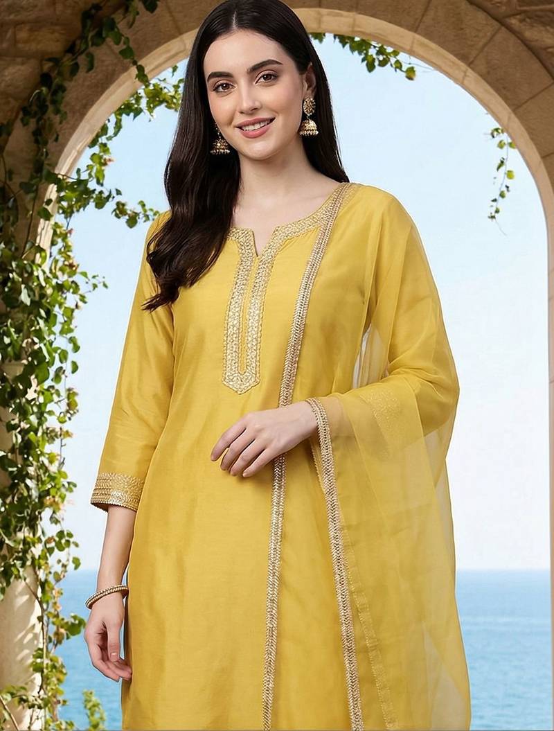 Women Embroidered Regular Thread Work Kurta with Trousers & With Dupatta