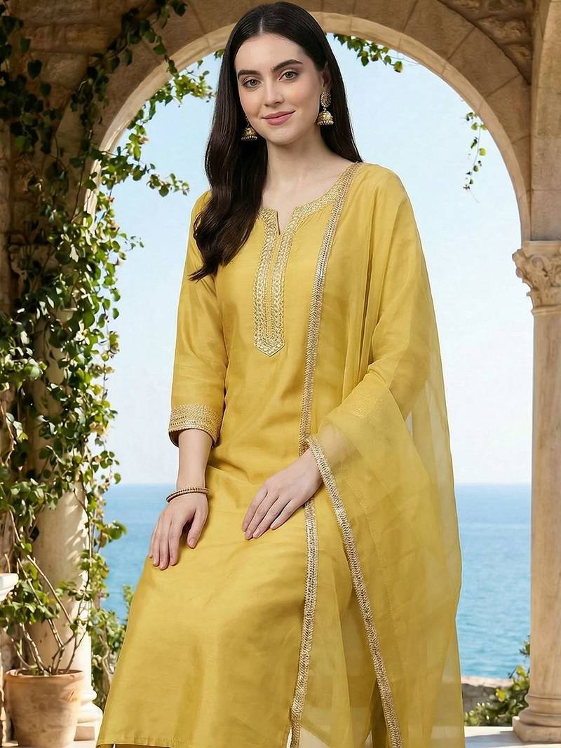 Women Embroidered Regular Thread Work Kurta with Trousers & With Dupatta