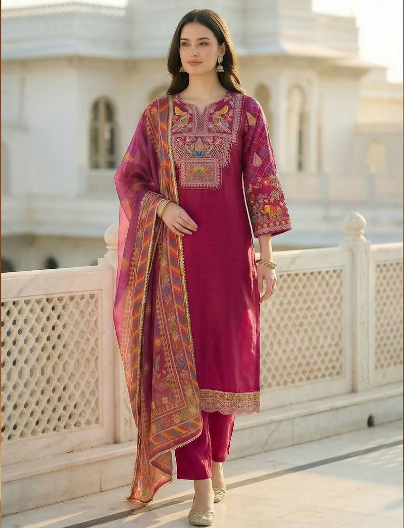 Women Ethnic Motifs Embroidered Regular Thread Work Kurta with Trousers & With Dupatta