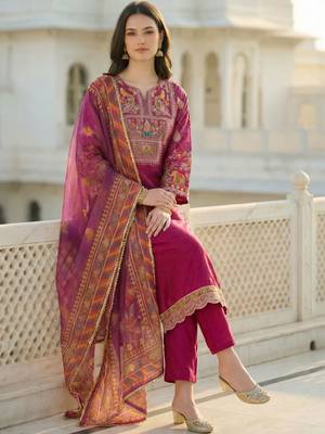 Women Ethnic Motifs Embroidered Regular Thread Work Kurta with Trousers & With Dupatta 2