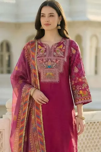 Women Ethnic Motifs Embroidered Regular Thread Work Kurta with Trousers & With Dupatta