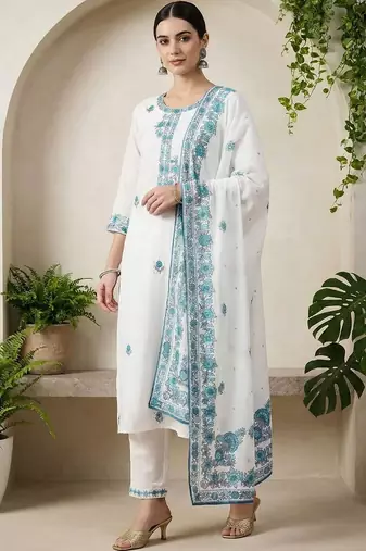 Women Ethnic Motifs Embroidered Regular Thread Work Pure Cotton Kurta with Trousers & With Dupatta