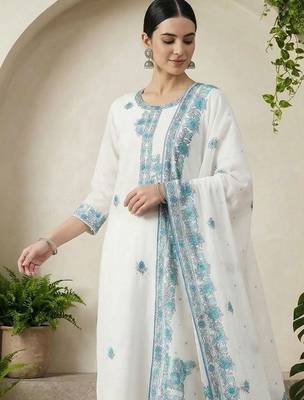Women Ethnic Motifs Embroidered Regular Thread Work Pure Cotton Kurta with Trousers & With Dupatta 3