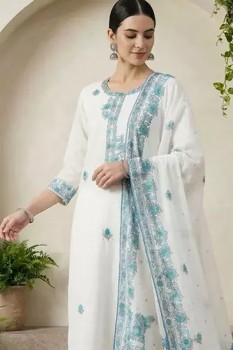 Women Ethnic Motifs Embroidered Regular Thread Work Pure Cotton Kurta with Trousers & With Dupatta