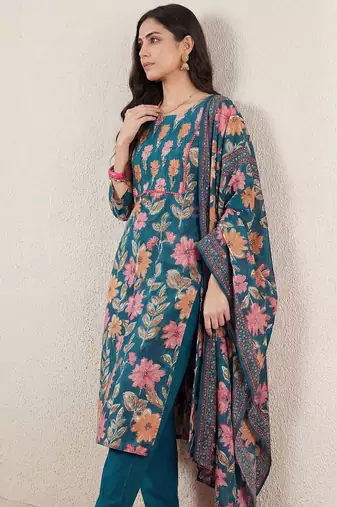 Women Floral Printed Regular Mirror Work Pure Cotton Kurta with Trousers & With Dupatta