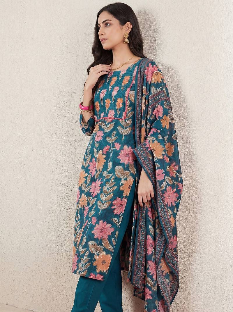 Women Floral Printed Regular Mirror Work Pure Cotton Kurta with Trousers & With Dupatta
