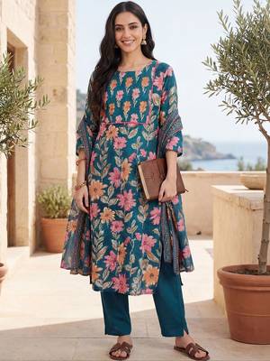 Women Floral Printed Regular Mirror Work Pure Cotton Kurta with Trousers & With Dupatta 2