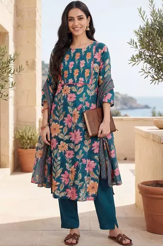 Women Floral Printed Regular Mirror Work Pure Cotton Kurta with Trousers & With Dupatta