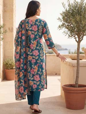 Women Floral Printed Regular Mirror Work Pure Cotton Kurta with Trousers & With Dupatta 4
