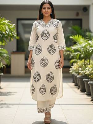 Women Ethnic Motifs Printed Regular Thread Work Pure Cotton Kurta with Trousers 1