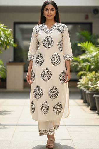 Women Ethnic Motifs Printed Regular Thread Work  Cotton Kurta with Trousers